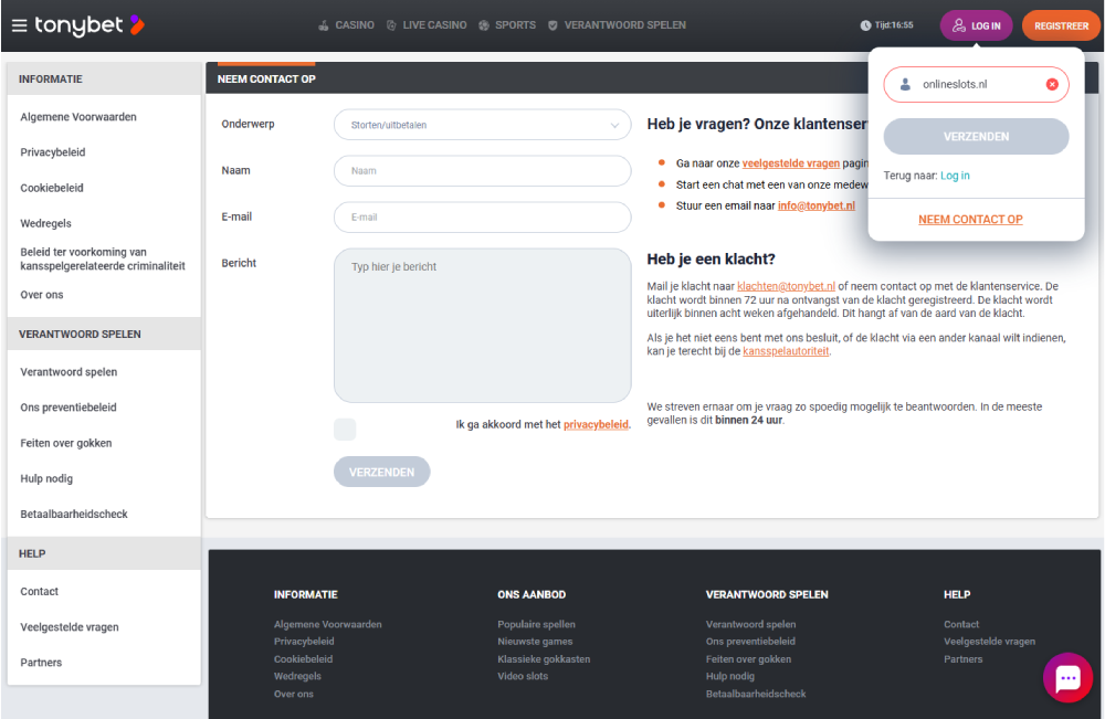 Tonybet Contactpagina