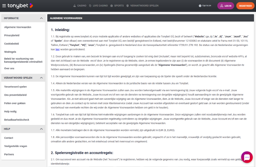 Voorwaarden Tonybet.nl